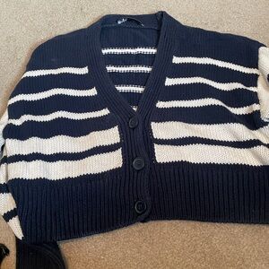 Zara Navy and White Striped Off-the-Shoulder Cardigan